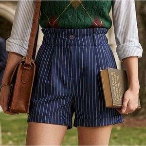 Vero Moda Pinstripe Navy High Waist Shorts Academia Preppy Old Money Size S